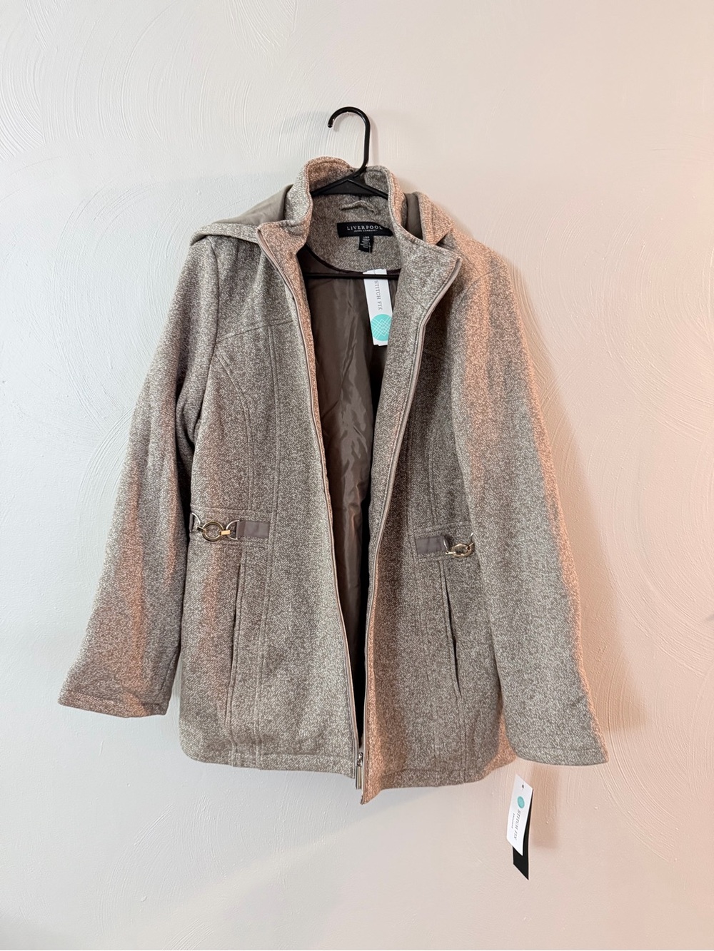 Liverpool Jeans Company Taupe Gray Wool-Blend Hooded Pea Coat